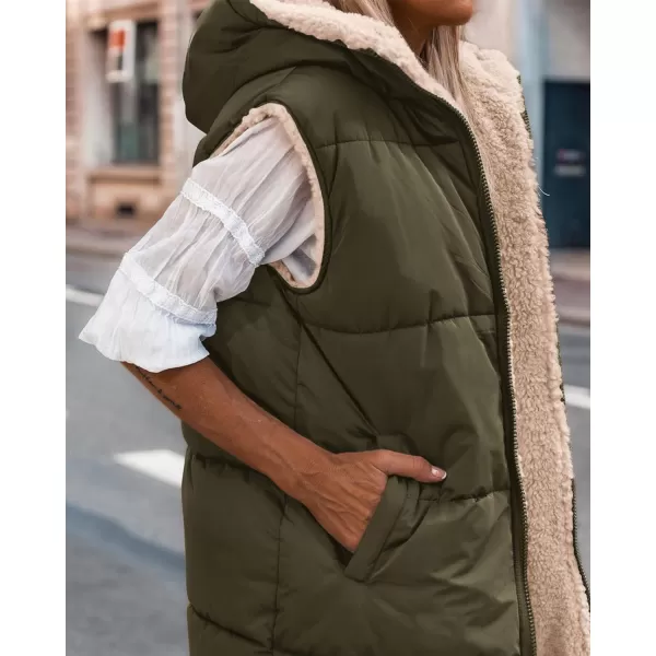 imageBTFBM Women Fall Reversible Vests Sleeveless Sherpa Fleece Jacket Zip Up Hoodie Long Warm Winter Padded Coat OuterwearSolid Army Green