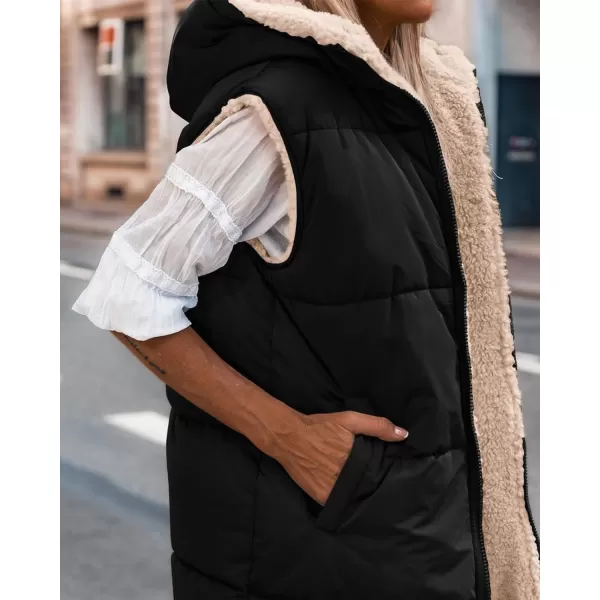 imageBTFBM Women Fall Reversible Vests Sleeveless Sherpa Fleece Jacket Zip Up Hoodie Long Warm Winter Padded Coat OuterwearSolid Black