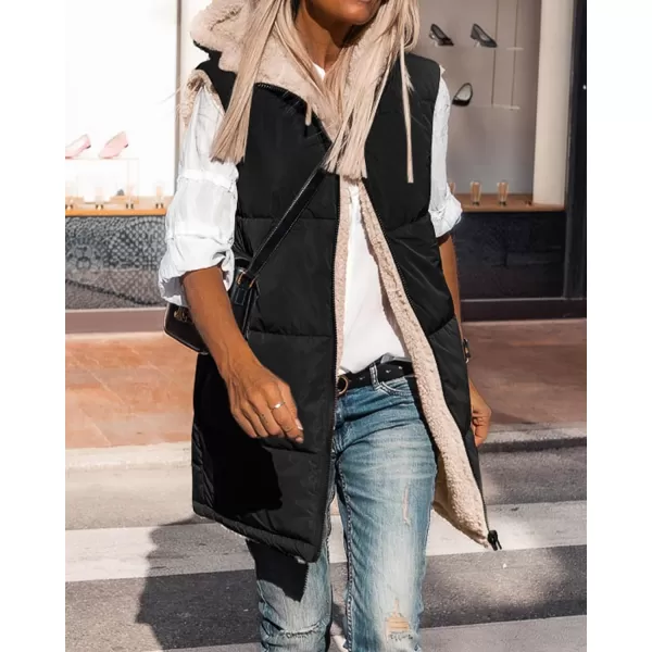 imageBTFBM Women Fall Reversible Vests Sleeveless Sherpa Fleece Jacket Zip Up Hoodie Long Warm Winter Padded Coat OuterwearSolid Black