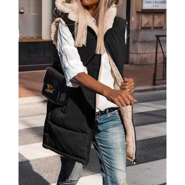 imageBTFBM Women Fall Reversible Vests Sleeveless Sherpa Fleece Jacket Zip Up Hoodie Long Warm Winter Padded Coat OuterwearSolid Black
