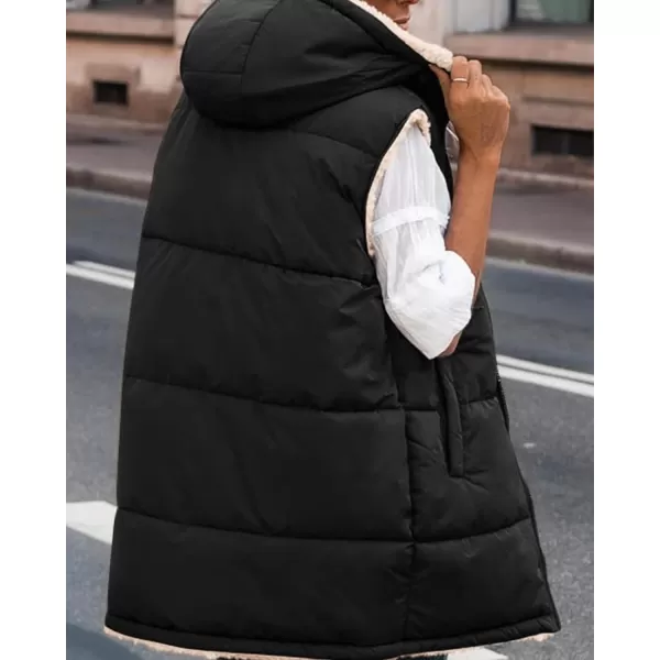 imageBTFBM Women Fall Reversible Vests Sleeveless Sherpa Fleece Jacket Zip Up Hoodie Long Warm Winter Padded Coat OuterwearSolid Black