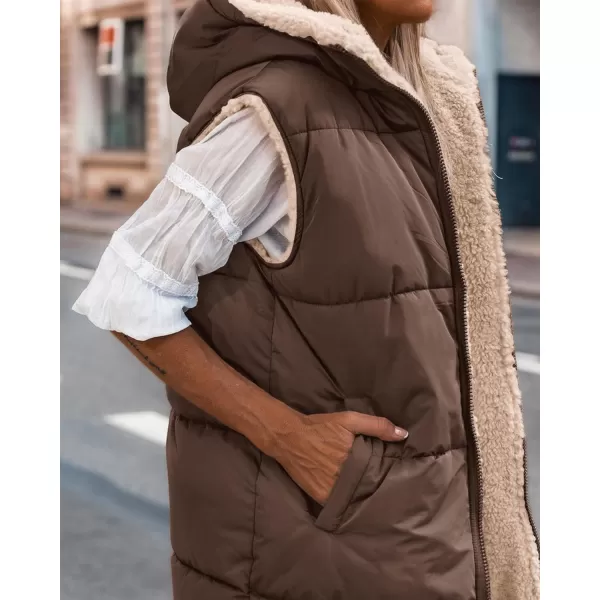 imageBTFBM Women Fall Reversible Vests Sleeveless Sherpa Fleece Jacket Zip Up Hoodie Long Warm Winter Padded Coat OuterwearSolid Coffee