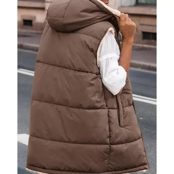 imageBTFBM Women Fall Reversible Vests Sleeveless Sherpa Fleece Jacket Zip Up Hoodie Long Warm Winter Padded Coat OuterwearSolid Coffee
