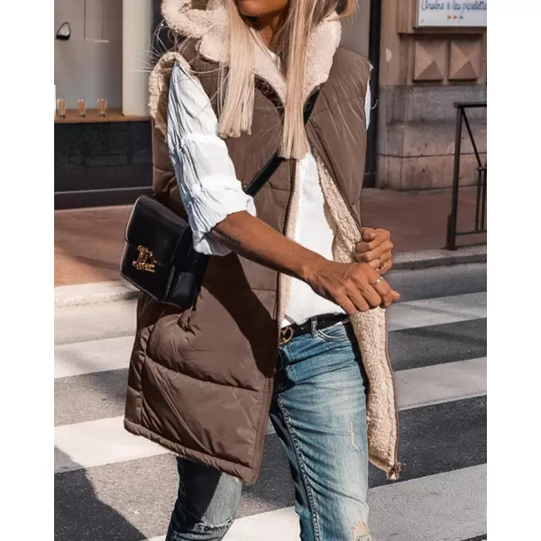 imageBTFBM Women Fall Reversible Vests Sleeveless Sherpa Fleece Jacket Zip Up Hoodie Long Warm Winter Padded Coat OuterwearSolid Coffee