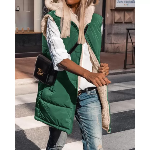 imageBTFBM Women Fall Reversible Vests Sleeveless Sherpa Fleece Jacket Zip Up Hoodie Long Warm Winter Padded Coat OuterwearSolid Dark Green