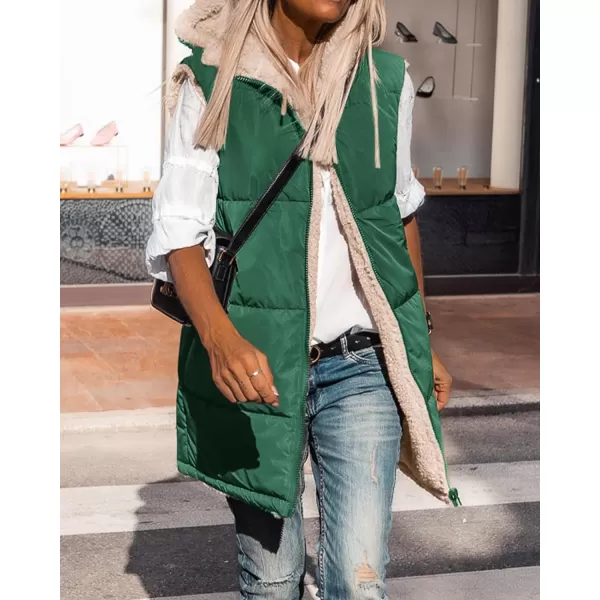 imageBTFBM Women Fall Reversible Vests Sleeveless Sherpa Fleece Jacket Zip Up Hoodie Long Warm Winter Padded Coat OuterwearSolid Dark Green