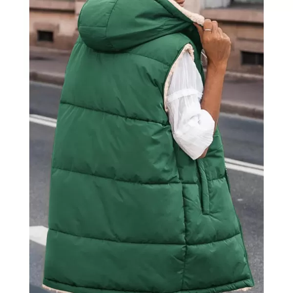 imageBTFBM Women Fall Reversible Vests Sleeveless Sherpa Fleece Jacket Zip Up Hoodie Long Warm Winter Padded Coat OuterwearSolid Dark Green
