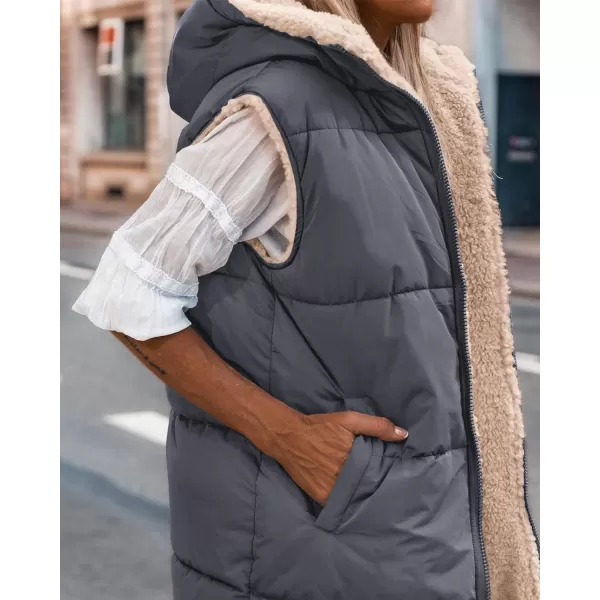 imageBTFBM Women Fall Reversible Vests Sleeveless Sherpa Fleece Jacket Zip Up Hoodie Long Warm Winter Padded Coat OuterwearSolid Grey Blue
