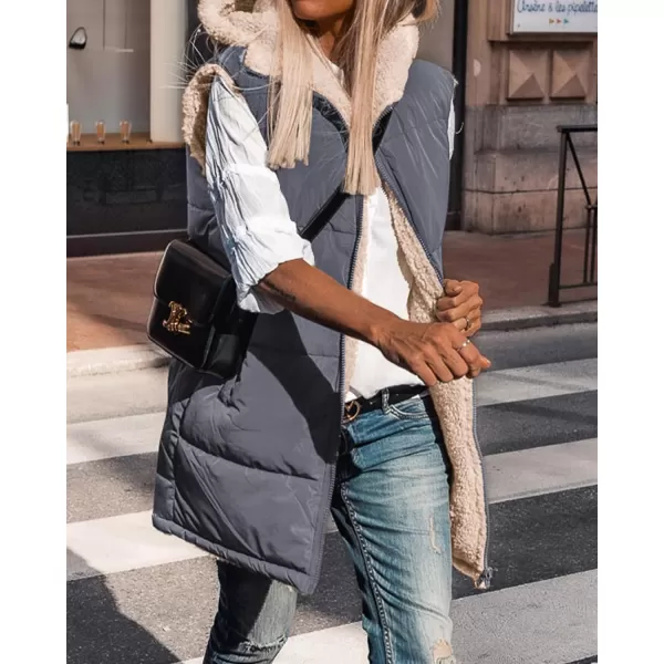 imageBTFBM Women Fall Reversible Vests Sleeveless Sherpa Fleece Jacket Zip Up Hoodie Long Warm Winter Padded Coat OuterwearSolid Grey Blue