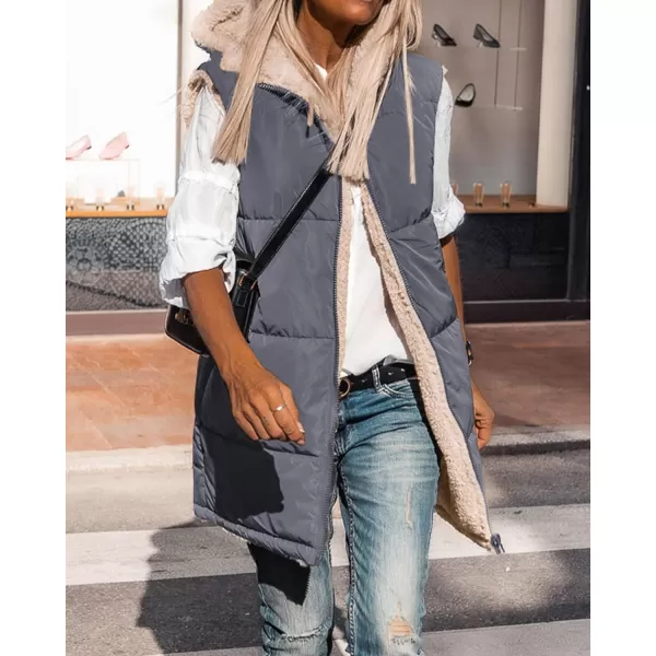 imageBTFBM Women Fall Reversible Vests Sleeveless Sherpa Fleece Jacket Zip Up Hoodie Long Warm Winter Padded Coat OuterwearSolid Grey Blue
