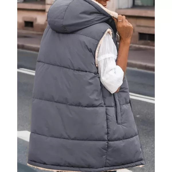 imageBTFBM Women Fall Reversible Vests Sleeveless Sherpa Fleece Jacket Zip Up Hoodie Long Warm Winter Padded Coat OuterwearSolid Grey Blue