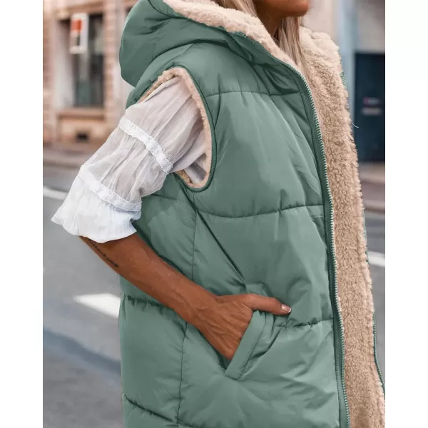 imageBTFBM Women Fall Reversible Vests Sleeveless Sherpa Fleece Jacket Zip Up Hoodie Long Warm Winter Padded Coat OuterwearSolid Grey Green
