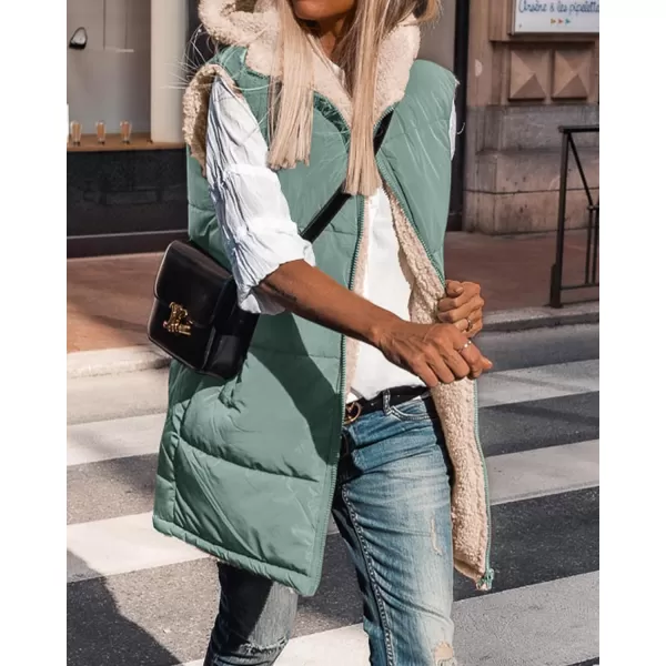 imageBTFBM Women Fall Reversible Vests Sleeveless Sherpa Fleece Jacket Zip Up Hoodie Long Warm Winter Padded Coat OuterwearSolid Grey Green