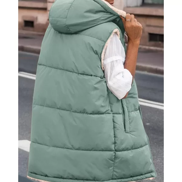 imageBTFBM Women Fall Reversible Vests Sleeveless Sherpa Fleece Jacket Zip Up Hoodie Long Warm Winter Padded Coat OuterwearSolid Grey Green