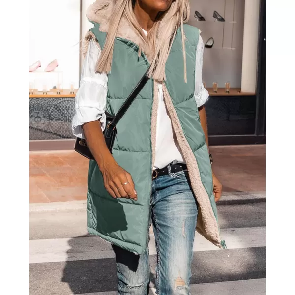 imageBTFBM Women Fall Reversible Vests Sleeveless Sherpa Fleece Jacket Zip Up Hoodie Long Warm Winter Padded Coat OuterwearSolid Grey Green
