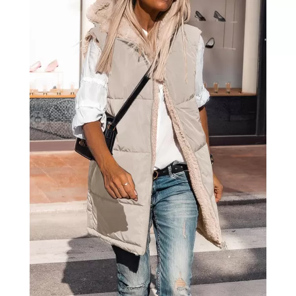 imageBTFBM Women Fall Reversible Vests Sleeveless Sherpa Fleece Jacket Zip Up Hoodie Long Warm Winter Padded Coat OuterwearSolid Light Khaki