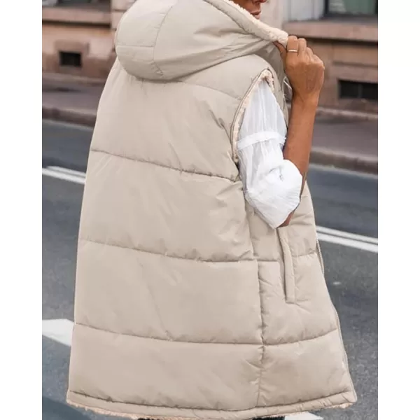 imageBTFBM Women Fall Reversible Vests Sleeveless Sherpa Fleece Jacket Zip Up Hoodie Long Warm Winter Padded Coat OuterwearSolid Light Khaki