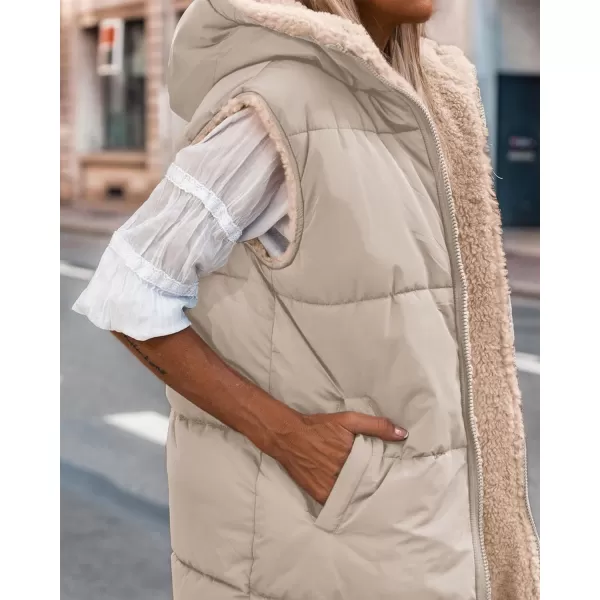 imageBTFBM Women Fall Reversible Vests Sleeveless Sherpa Fleece Jacket Zip Up Hoodie Long Warm Winter Padded Coat OuterwearSolid Light Khaki
