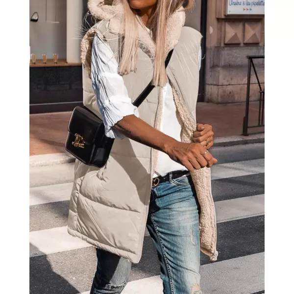 imageBTFBM Women Fall Reversible Vests Sleeveless Sherpa Fleece Jacket Zip Up Hoodie Long Warm Winter Padded Coat OuterwearSolid Light Khaki