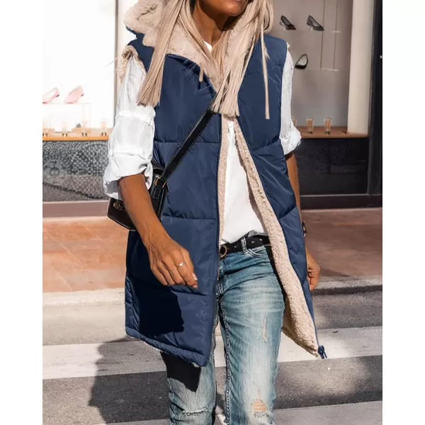 imageBTFBM Women Fall Reversible Vests Sleeveless Sherpa Fleece Jacket Zip Up Hoodie Long Warm Winter Padded Coat OuterwearSolid Navy