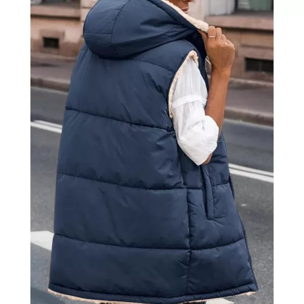 imageBTFBM Women Fall Reversible Vests Sleeveless Sherpa Fleece Jacket Zip Up Hoodie Long Warm Winter Padded Coat OuterwearSolid Navy