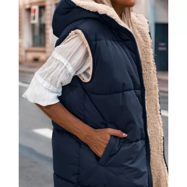 imageBTFBM Women Fall Reversible Vests Sleeveless Sherpa Fleece Jacket Zip Up Hoodie Long Warm Winter Padded Coat OuterwearSolid Navy