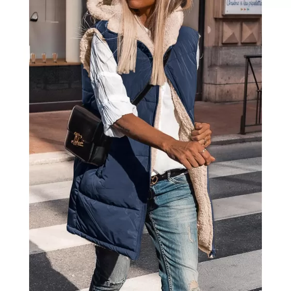 imageBTFBM Women Fall Reversible Vests Sleeveless Sherpa Fleece Jacket Zip Up Hoodie Long Warm Winter Padded Coat OuterwearSolid Navy