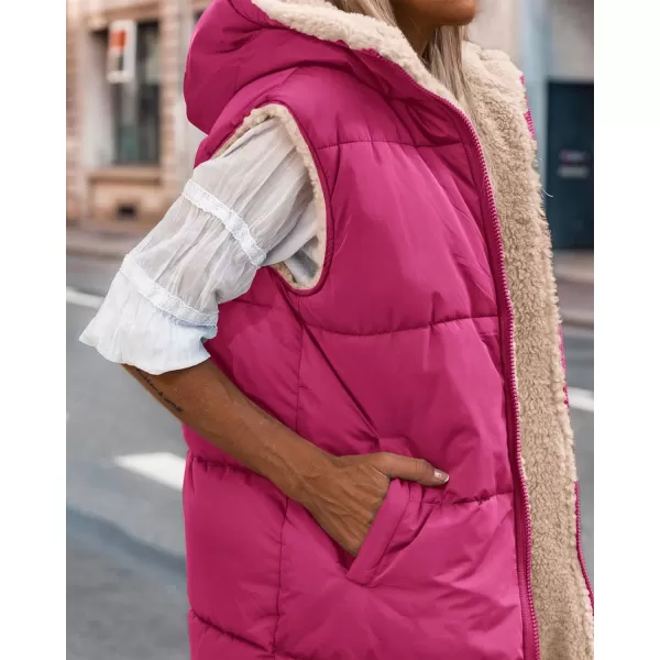 imageBTFBM Women Fall Reversible Vests Sleeveless Sherpa Fleece Jacket Zip Up Hoodie Long Warm Winter Padded Coat OuterwearSolid Rose Red