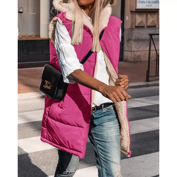 imageBTFBM Women Fall Reversible Vests Sleeveless Sherpa Fleece Jacket Zip Up Hoodie Long Warm Winter Padded Coat OuterwearSolid Rose Red
