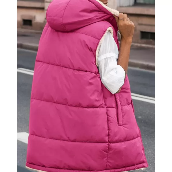 imageBTFBM Women Fall Reversible Vests Sleeveless Sherpa Fleece Jacket Zip Up Hoodie Long Warm Winter Padded Coat OuterwearSolid Rose Red