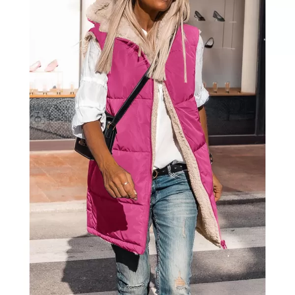 imageBTFBM Women Fall Reversible Vests Sleeveless Sherpa Fleece Jacket Zip Up Hoodie Long Warm Winter Padded Coat OuterwearSolid Rose Red