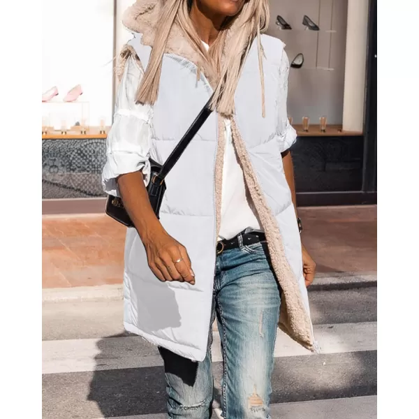 imageBTFBM Women Fall Reversible Vests Sleeveless Sherpa Fleece Jacket Zip Up Hoodie Long Warm Winter Padded Coat OuterwearSolid White