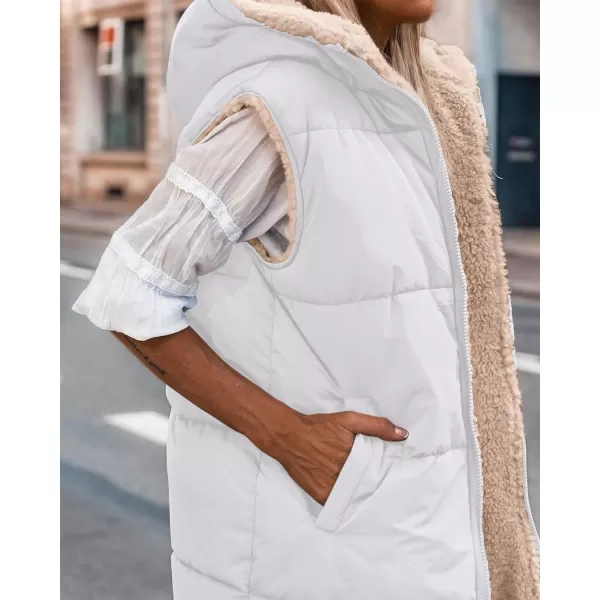 imageBTFBM Women Fall Reversible Vests Sleeveless Sherpa Fleece Jacket Zip Up Hoodie Long Warm Winter Padded Coat OuterwearSolid White