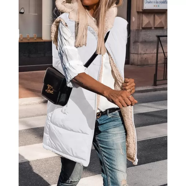 imageBTFBM Women Fall Reversible Vests Sleeveless Sherpa Fleece Jacket Zip Up Hoodie Long Warm Winter Padded Coat OuterwearSolid White