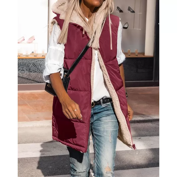imageBTFBM Women Fall Reversible Vests Sleeveless Sherpa Fleece Jacket Zip Up Hoodie Long Warm Winter Padded Coat OuterwearSolid Wine Red