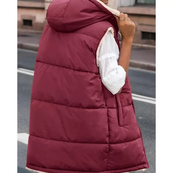 imageBTFBM Women Fall Reversible Vests Sleeveless Sherpa Fleece Jacket Zip Up Hoodie Long Warm Winter Padded Coat OuterwearSolid Wine Red
