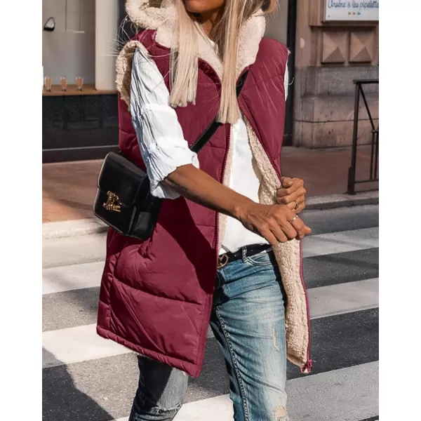 imageBTFBM Women Fall Reversible Vests Sleeveless Sherpa Fleece Jacket Zip Up Hoodie Long Warm Winter Padded Coat OuterwearSolid Wine Red
