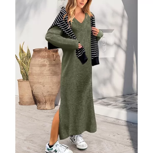 imageBTFBM Women Fall Sweater Dress V Neck Long Sleeve Slit Maxi Dresses Casual Knit Oversized Sweaters 2023 Winter ClothesSolid Army Green