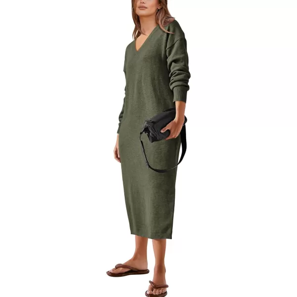 imageBTFBM Women Fall Sweater Dress V Neck Long Sleeve Slit Maxi Dresses Casual Knit Oversized Sweaters 2023 Winter ClothesSolid Army Green