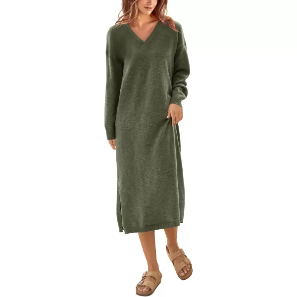 imageBTFBM Women Fall Sweater Dress V Neck Long Sleeve Slit Maxi Dresses Casual Knit Oversized Sweaters 2023 Winter ClothesSolid Army Green