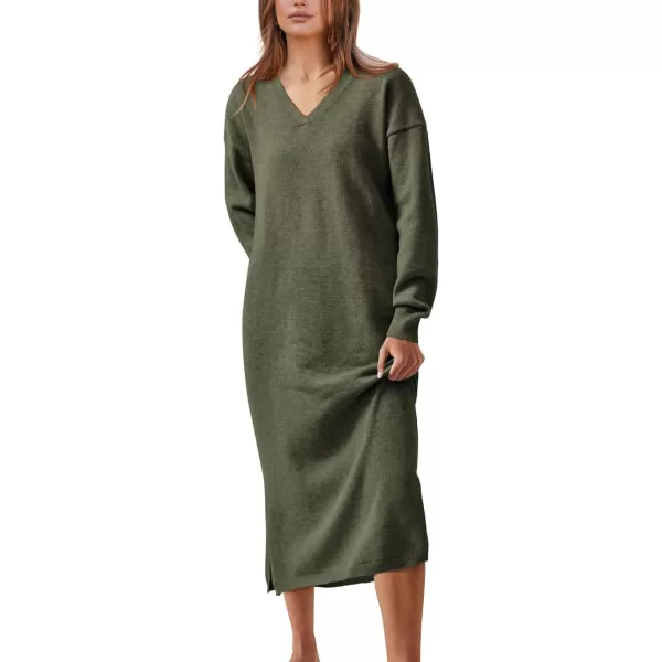imageBTFBM Women Fall Sweater Dress V Neck Long Sleeve Slit Maxi Dresses Casual Knit Oversized Sweaters 2023 Winter ClothesSolid Army Green