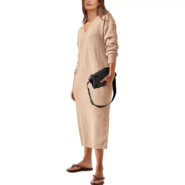 imageBTFBM Women Fall Sweater Dress V Neck Long Sleeve Slit Maxi Dresses Casual Knit Oversized Sweaters 2023 Winter ClothesSolid Beige