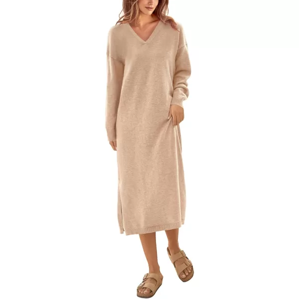 imageBTFBM Women Fall Sweater Dress V Neck Long Sleeve Slit Maxi Dresses Casual Knit Oversized Sweaters 2023 Winter ClothesSolid Beige