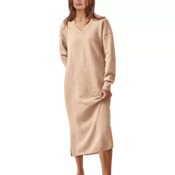 imageBTFBM Women Fall Sweater Dress V Neck Long Sleeve Slit Maxi Dresses Casual Knit Oversized Sweaters 2023 Winter ClothesSolid Beige