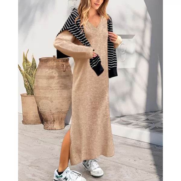 imageBTFBM Women Fall Sweater Dress V Neck Long Sleeve Slit Maxi Dresses Casual Knit Oversized Sweaters 2023 Winter ClothesSolid Beige