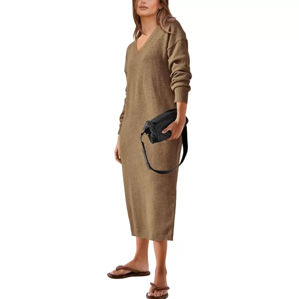 imageBTFBM Women Fall Sweater Dress V Neck Long Sleeve Slit Maxi Dresses Casual Knit Oversized Sweaters 2023 Winter ClothesSolid Dark Khaki