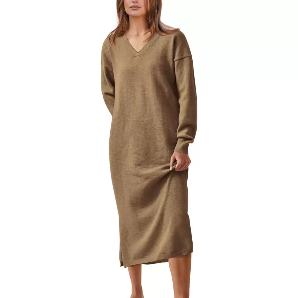 imageBTFBM Women Fall Sweater Dress V Neck Long Sleeve Slit Maxi Dresses Casual Knit Oversized Sweaters 2023 Winter ClothesSolid Dark Khaki