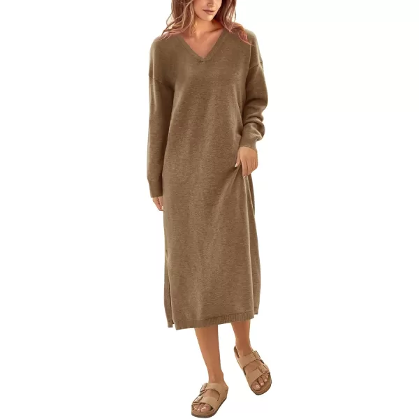 imageBTFBM Women Fall Sweater Dress V Neck Long Sleeve Slit Maxi Dresses Casual Knit Oversized Sweaters 2023 Winter ClothesSolid Dark Khaki