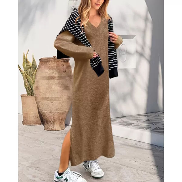 imageBTFBM Women Fall Sweater Dress V Neck Long Sleeve Slit Maxi Dresses Casual Knit Oversized Sweaters 2023 Winter ClothesSolid Dark Khaki