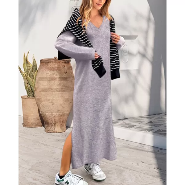 imageBTFBM Women Fall Sweater Dress V Neck Long Sleeve Slit Maxi Dresses Casual Knit Oversized Sweaters 2023 Winter ClothesSolid Grey